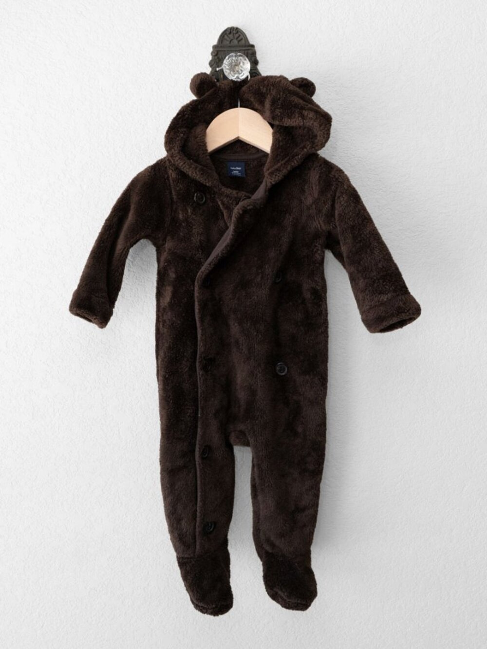 Baby Gap Bunting 6-12 Months Brown Bear Fleece Hooded Footed One Piece Suit